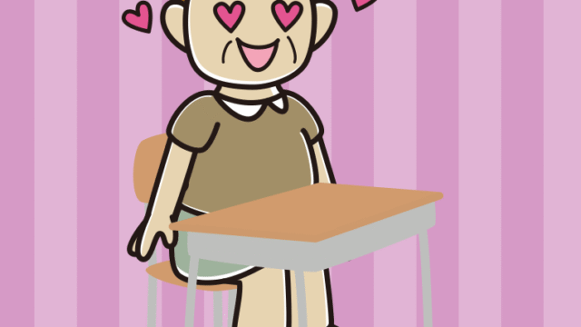 教室の席で目がハートのおばさんのイラスト【色、背景あり】PNG