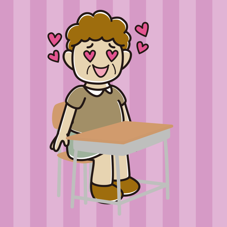 教室の席で目がハートのおばさんのイラスト【色、背景あり】PNG