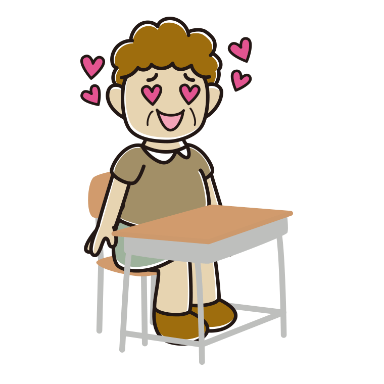 教室の席で目がハートのおばさんのイラスト【色あり、背景なし】透過PNG