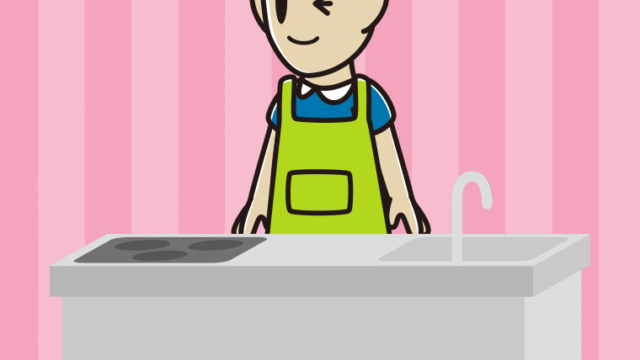 キッチンでウインクする男性のイラスト【色、背景あり】PNG