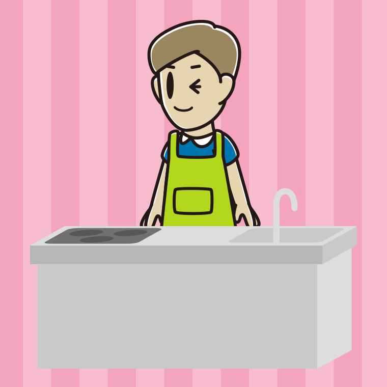 キッチンでウインクする男性のイラスト【色、背景あり】PNG