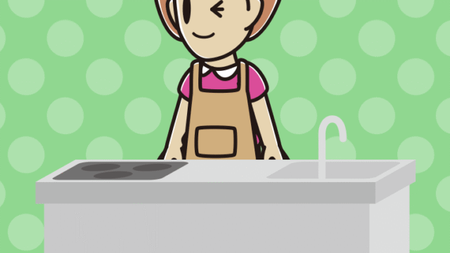 キッチンでウインクする女性のイラスト【色、背景あり】PNG