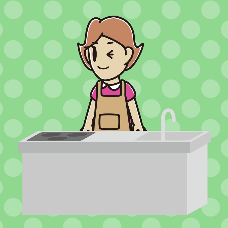 キッチンでウインクする女性のイラスト【色、背景あり】PNG