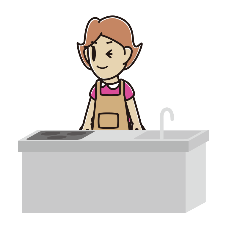 キッチンでウインクする女性のイラスト【色あり、背景なし】透過PNG