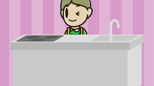 キッチンでウインクする小学生男子のイラスト【色、背景あり】PNG