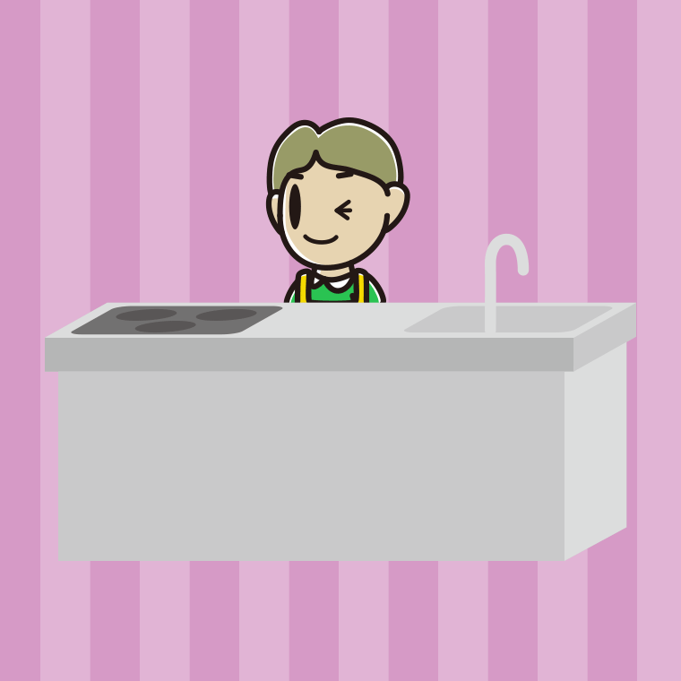 キッチンでウインクする小学生男子のイラスト【色、背景あり】PNG