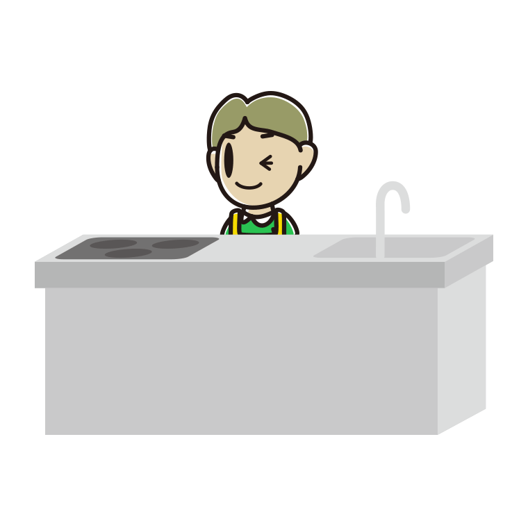 キッチンでウインクする小学生男子のイラスト【色あり、背景なし】透過PNG