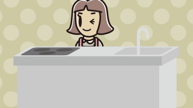 キッチンでウインクする小学生女子のイラスト【色、背景あり】PNG