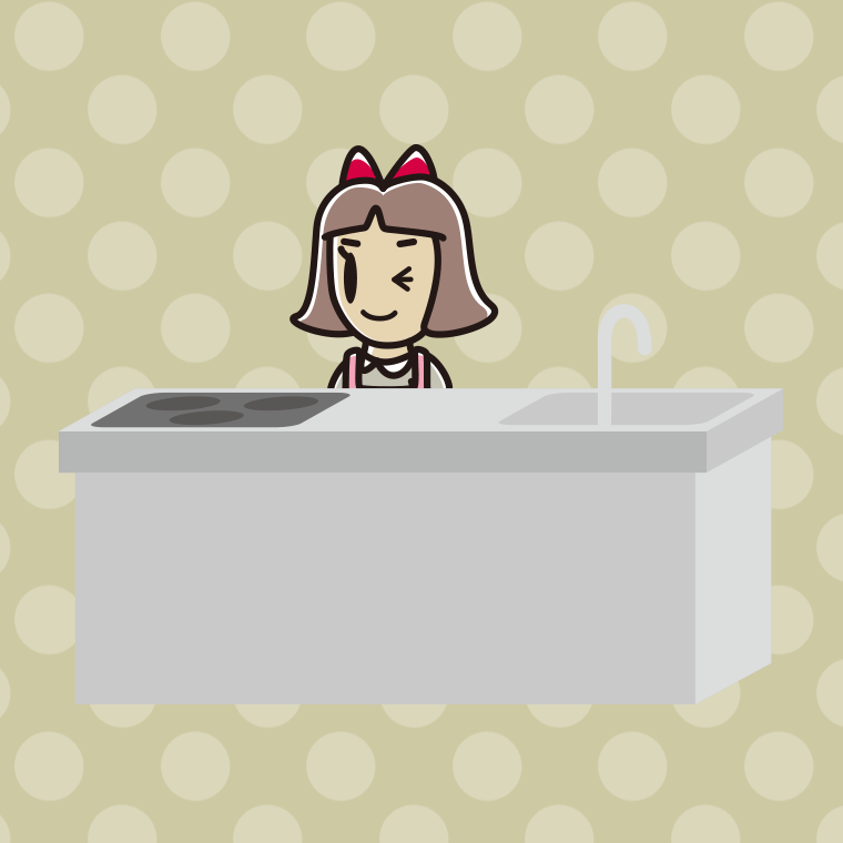 キッチンでウインクする小学生女子のイラスト【色、背景あり】PNG