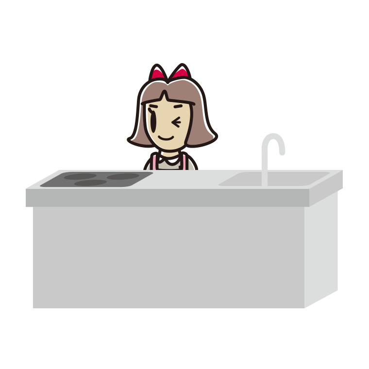 キッチンでウインクする小学生女子のイラスト【色あり、背景なし】透過PNG