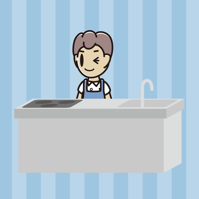 キッチンでウインクする男子中学生のイラスト【色、背景あり】PNG