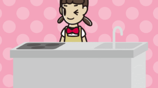 キッチンでウインクする女子中学生のイラスト【色、背景あり】PNG