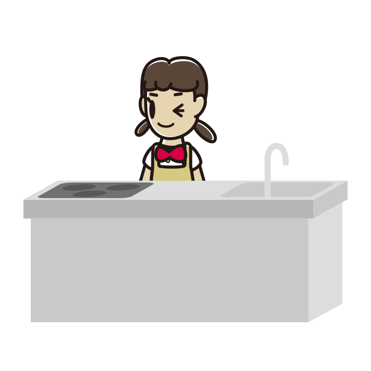 キッチンでウインクする女子中学生のイラスト【色あり、背景なし】透過PNG