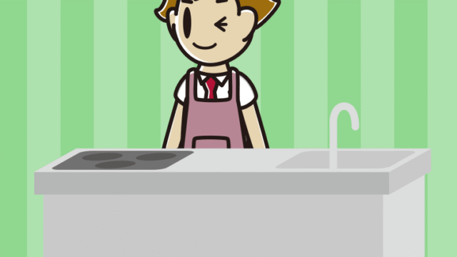キッチンでウインクする男子高校生のイラスト【色、背景あり】PNG