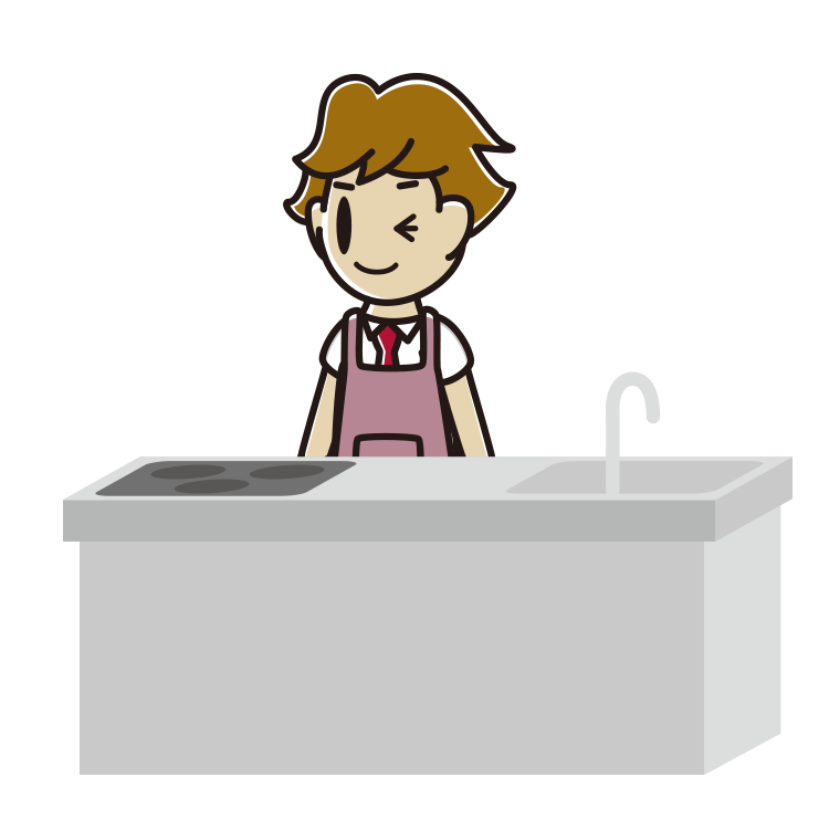 キッチンでウインクする男子高校生のイラスト【色あり、背景なし】透過PNG