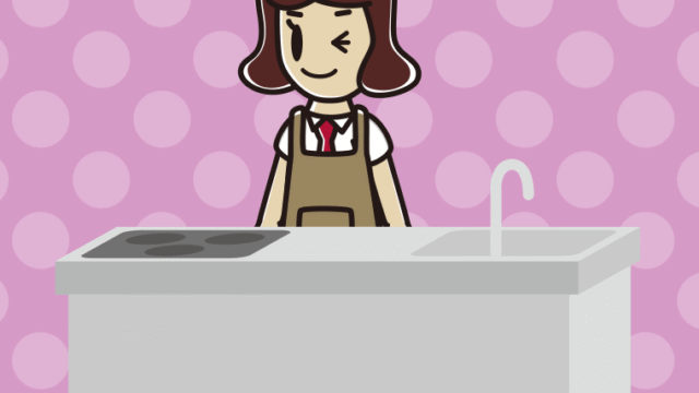 キッチンでウインクする女子高校生のイラスト【色、背景あり】PNG