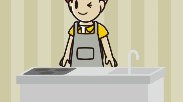 キッチンでウインクする男子大学生のイラスト【色、背景あり】PNG