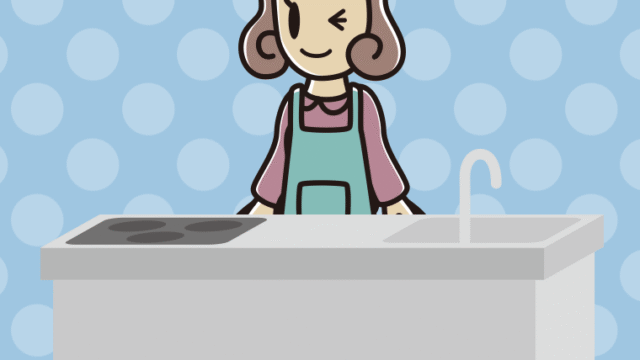 キッチンでウインクする女子大学生のイラスト【色、背景あり】PNG