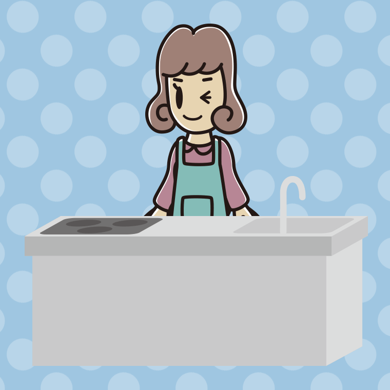 キッチンでウインクする女子大学生のイラスト【色、背景あり】PNG