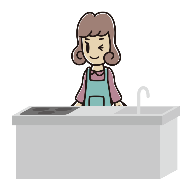 キッチンでウインクする女子大学生のイラスト【色あり、背景なし】透過PNG