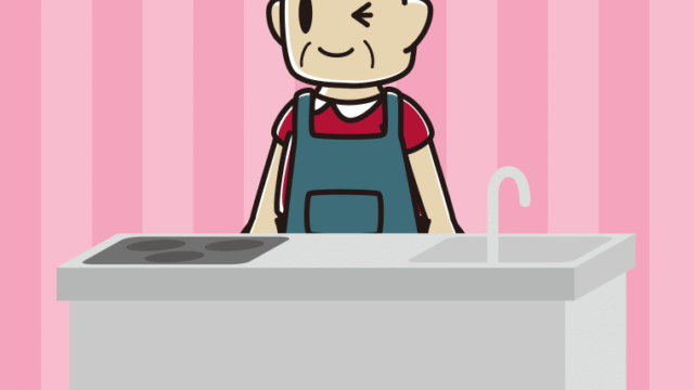 キッチンでウインクするおじさんのイラスト【色、背景あり】PNG