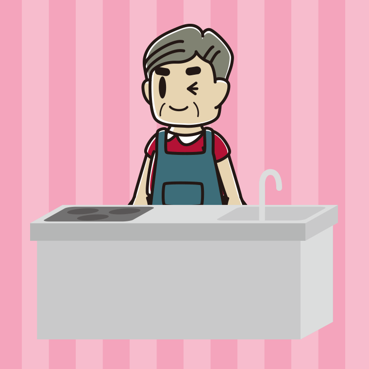 キッチンでウインクするおじさんのイラスト【色、背景あり】PNG