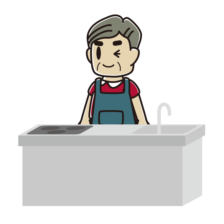 キッチンでウインクするおじさんのイラスト【色あり、背景なし】透過PNG