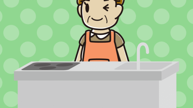 キッチンでウインクするおばさんのイラスト【色、背景あり】PNG