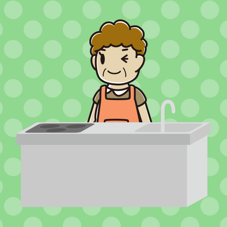 キッチンでウインクするおばさんのイラスト【色、背景あり】PNG