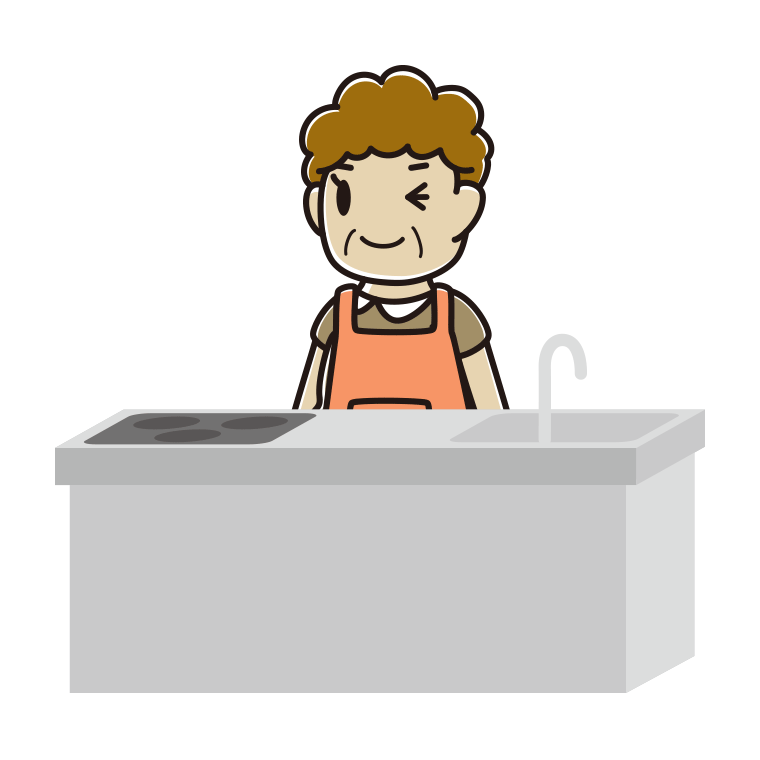 キッチンでウインクするおばさんのイラスト【色あり、背景なし】透過PNG