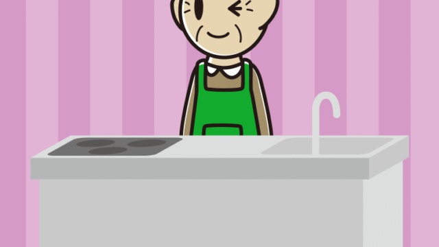 キッチンでウインクするおじいさんのイラスト【色、背景あり】PNG