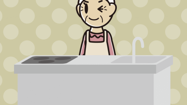 キッチンでウインクするおばあさんのイラスト【色、背景あり】PNG