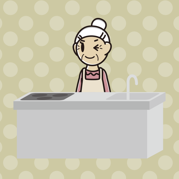 キッチンでウインクするおばあさんのイラスト【色、背景あり】PNG