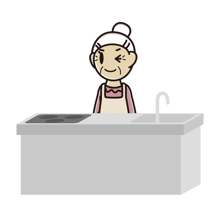 キッチンでウインクするおばあさんのイラスト【色あり、背景なし】透過PNG