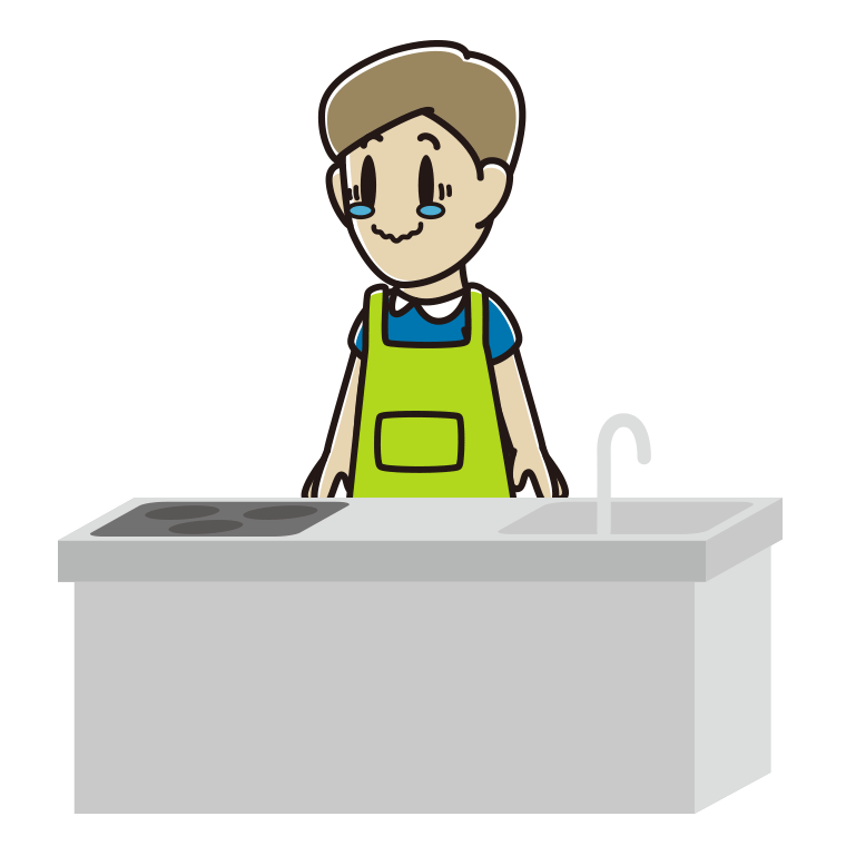 キッチンでジーンとする男性のイラスト【色あり、背景なし】透過PNG