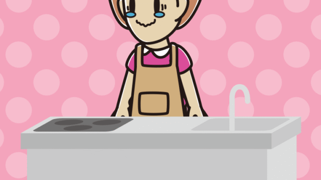 キッチンでジーンとする女性のイラスト【色、背景あり】PNG