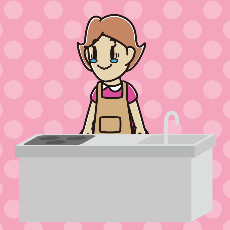 キッチンでジーンとする女性のイラスト【色、背景あり】PNG