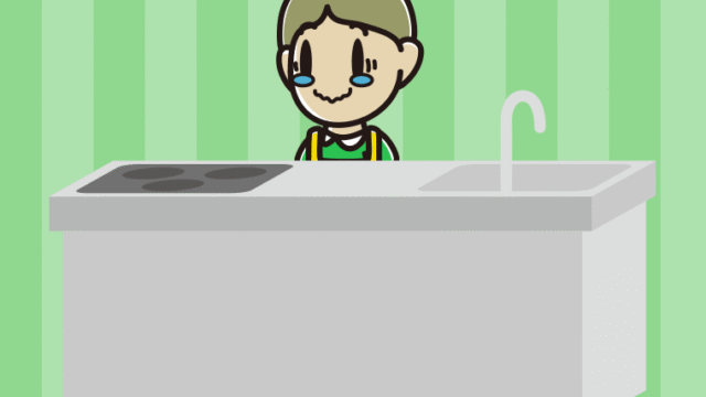 キッチンでジーンとする小学生男子のイラスト【色、背景あり】PNG