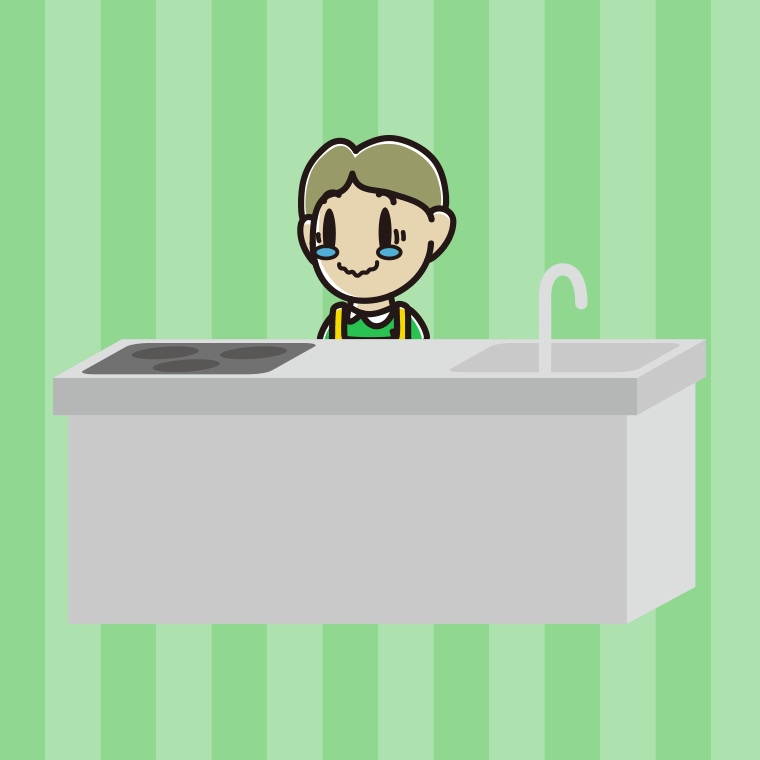 キッチンでジーンとする小学生男子のイラスト【色、背景あり】PNG