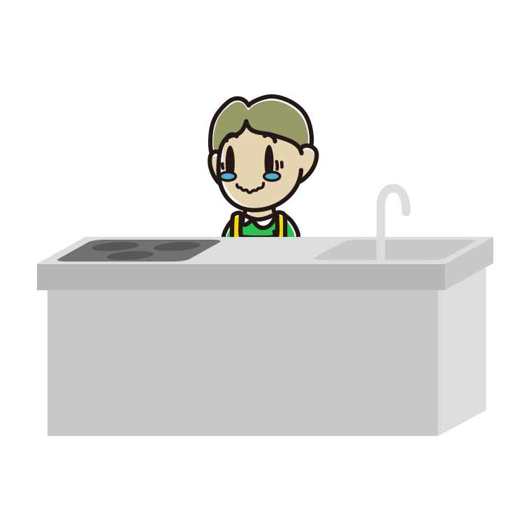 キッチンでジーンとする小学生男子のイラスト【色あり、背景なし】透過PNG