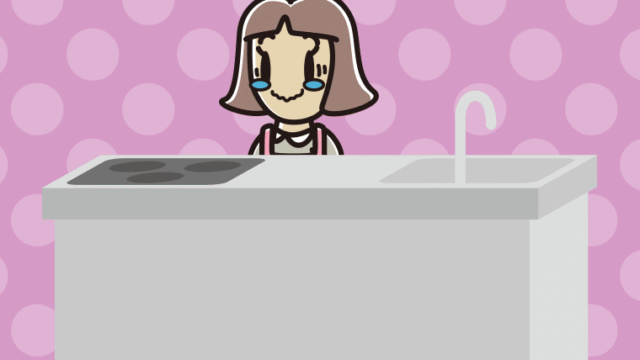 キッチンでジーンとする小学生女子のイラスト【色、背景あり】PNG