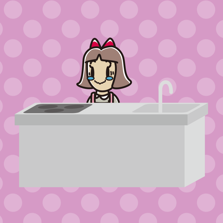 キッチンでジーンとする小学生女子のイラスト【色、背景あり】PNG