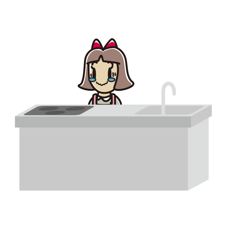 キッチンでジーンとする小学生女子のイラスト【色あり、背景なし】透過PNG