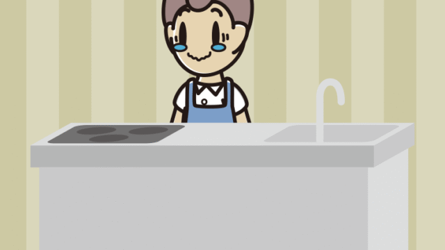 キッチンでジーンとする男子中学生のイラスト【色、背景あり】PNG