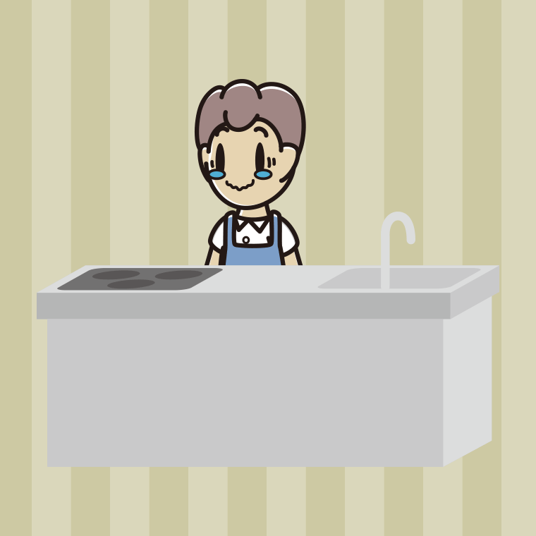 キッチンでジーンとする男子中学生のイラスト【色、背景あり】PNG