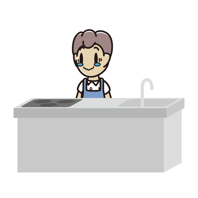 キッチンでジーンとする男子中学生のイラスト【色あり、背景なし】透過PNG