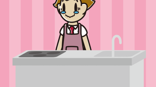 キッチンでジーンとする男子高校生のイラスト【色、背景あり】PNG