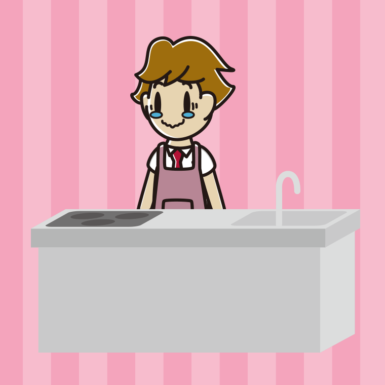 キッチンでジーンとする男子高校生のイラスト【色、背景あり】PNG