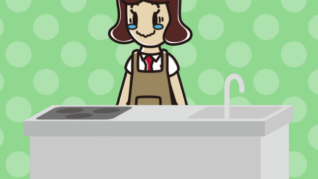 キッチンでジーンとする女子高校生のイラスト【色、背景あり】PNG