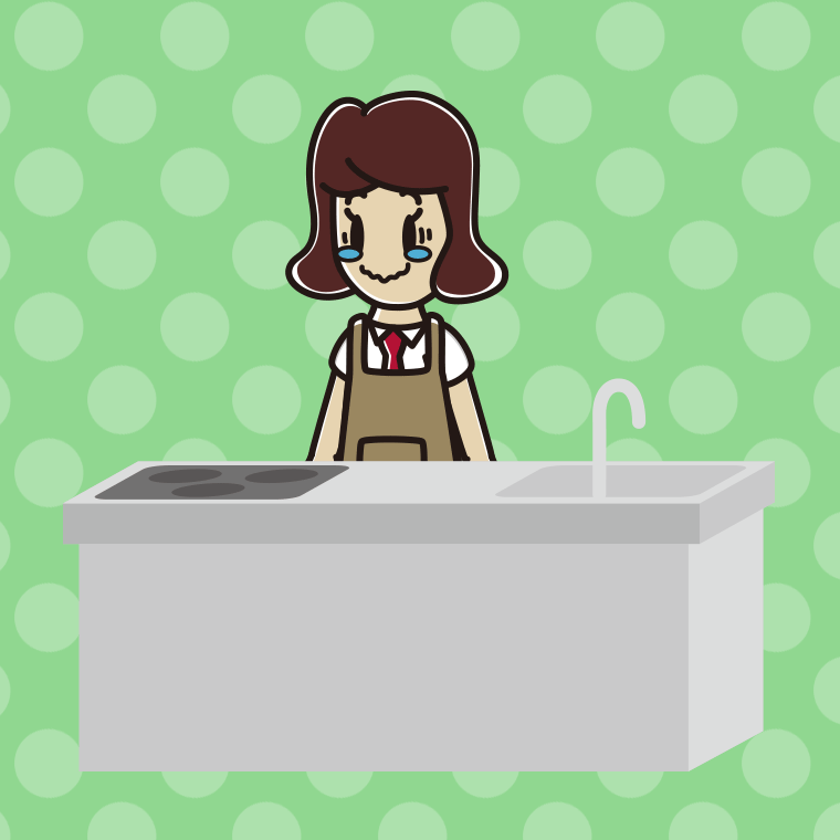 キッチンでジーンとする女子高校生のイラスト【色、背景あり】PNG